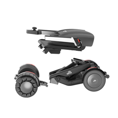 Three views of the XSTO M4 Mobility Robot Powerchair in black and gray, showing its side, top, and rear profiles. This lightweight, foldable wheelchair is travel-ready and features a modern design for easy portability.