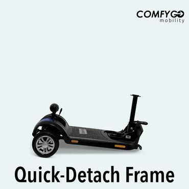 A ComfyGo Z-4 Ultra-Light Electric Mobility Scooter (Airline Approved) is shown in profile with the seat removed on a light background. “COMFYGO mobility” appears top right; “Quick-Detach Frame” is noted at the bottom.