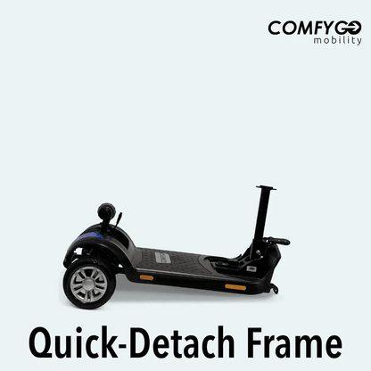 A ComfyGo Z-4 Ultra-Light Electric Mobility Scooter (Airline Approved) is shown in profile with the seat removed on a light background. “COMFYGO mobility” appears top right; “Quick-Detach Frame” is noted at the bottom.
