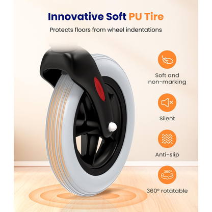 Close-up of the black and white PU tire from the Slim Foldable Indoor Rollator with one-Handed Brake | VOCIC Z32, featuring text that highlights its soft, non-marking, silent, anti-slip, and 360° rotatable design. The tire is displayed on a wooden floor with orange icons—ideal for smooth movement throughout your foldable indoor rollator experience.