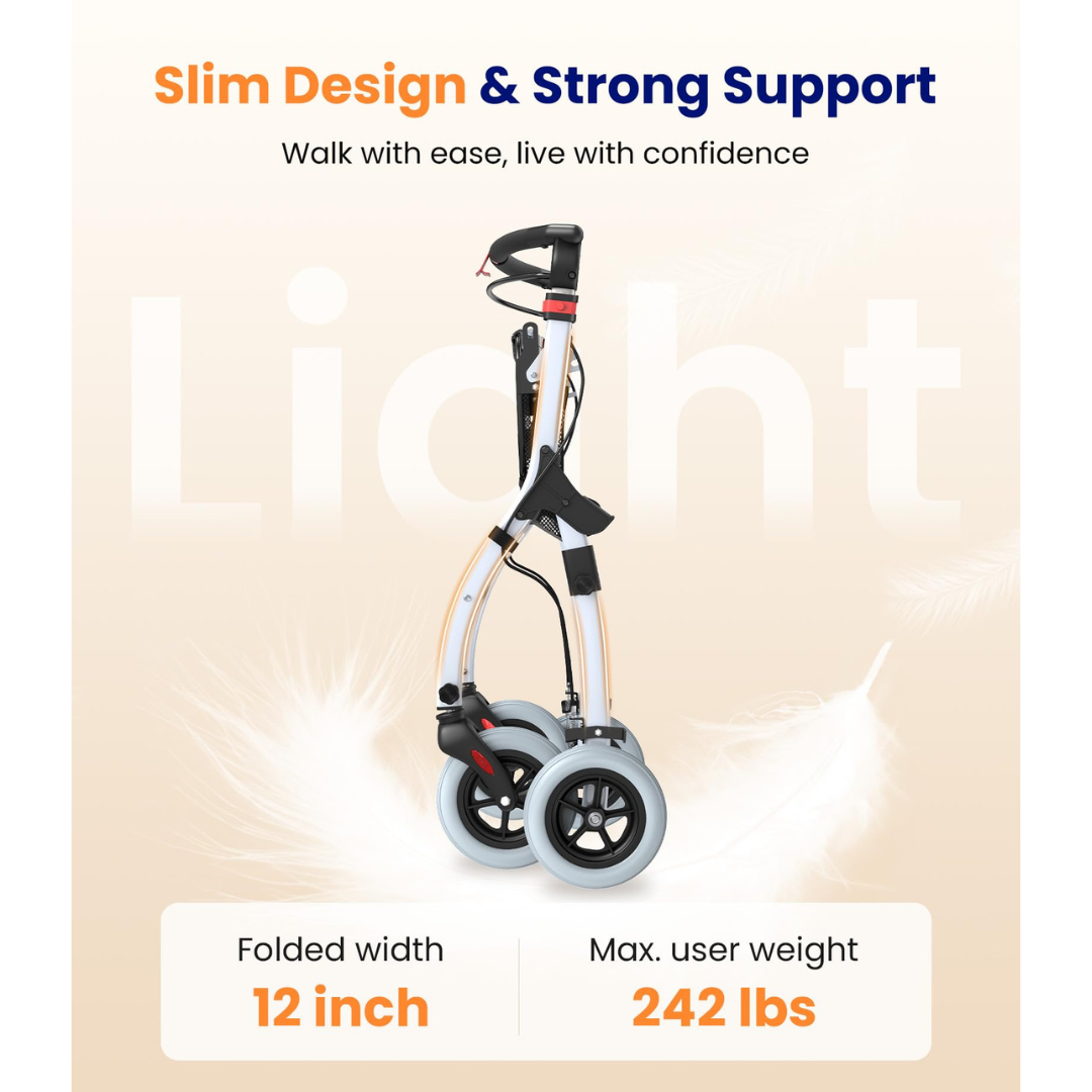 A VOCIC Z32 Slim Foldable Indoor Rollator with one-Handed Brake features a slim, upright design with large wheels, supports up to 242 lbs, and folds to just 12 inches wide. A feather graphic highlights its lightweight build and strong support.