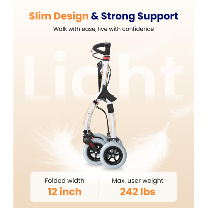 A VOCIC Z32 Slim Foldable Indoor Rollator with one-Handed Brake features a slim, upright design with large wheels, supports up to 242 lbs, and folds to just 12 inches wide. A feather graphic highlights its lightweight build and strong support.