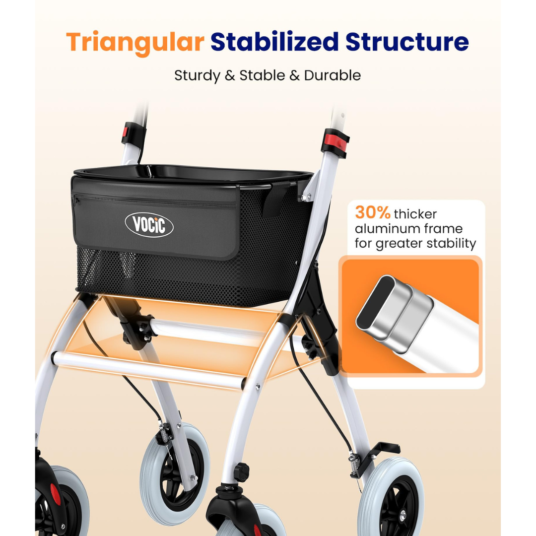 The Slim Foldable Indoor Rollator with one-Handed Brake | VOCIC Z32 is featured, showcasing its four-wheel design, convenient storage bag, triangular stabilized structure, and a 30% thicker aluminum frame for enhanced stability. It is engineered for effortless indoor maneuverability while providing dependable support and convenience.