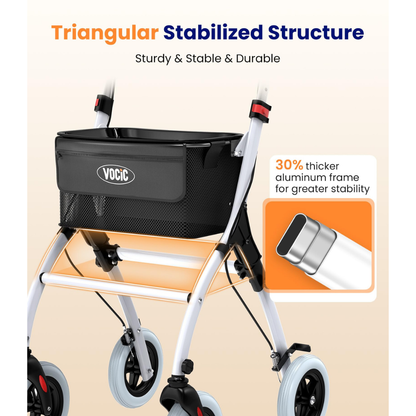 The Slim Foldable Indoor Rollator with one-Handed Brake | VOCIC Z32 is featured, showcasing its four-wheel design, convenient storage bag, triangular stabilized structure, and a 30% thicker aluminum frame for enhanced stability. It is engineered for effortless indoor maneuverability while providing dependable support and convenience.