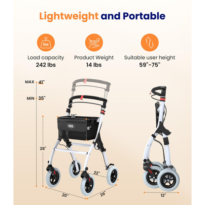 Infographic of the Slim Foldable Indoor Rollator with one-Handed Brake | VOCIC Z32, showing dimensions, folded and unfolded views, load capacity (242 lbs), product weight (14 lbs), and suitable user height (59–75 inches). Orange and blue text highlights the portability of this foldable indoor rollator.