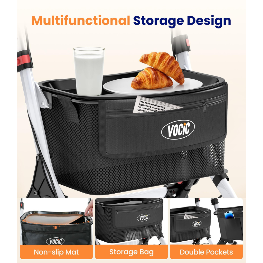 Black VOCIC Z32 storage bag, attached to a stroller, carries a tray with a glass of milk and two croissants. Insets display key features: non-slip mat, spacious bag, and double pockets. The text spotlights the Multifunctional Storage Design—making it the perfect companion for your Slim Foldable Indoor Rollator with one-Handed Brake | VOCIC Z32.