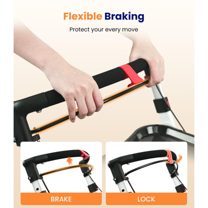 Close-up of hands gripping the handlebar of the VOCIC Z32 Slim Foldable Indoor Rollator with One-Handed Brake, demonstrating its flexible braking system. Insets below display the brake and lock positions, with labeled arrows showing how to engage each function on this slim rollator walker.