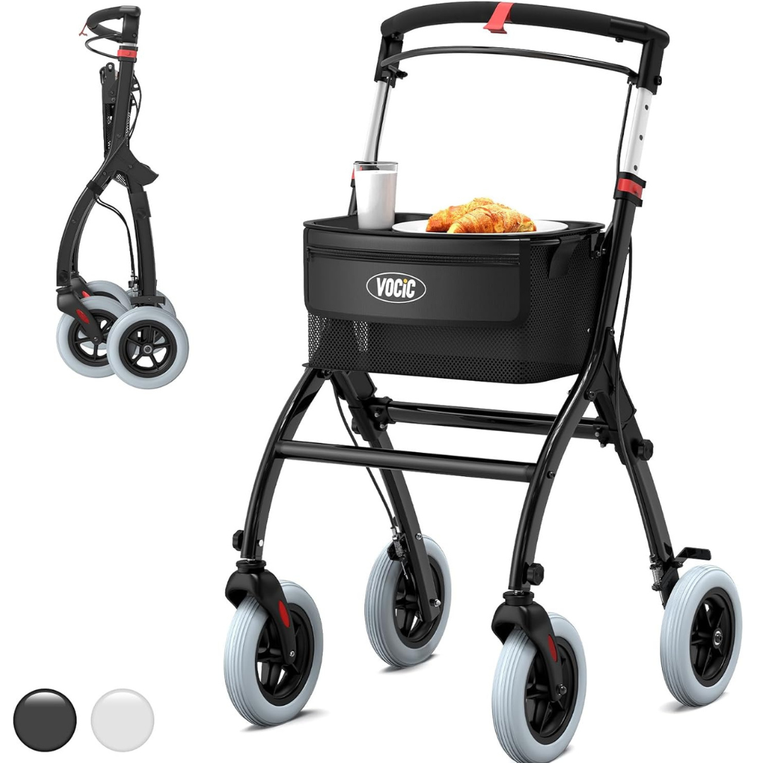 A VOCIC Z32 Slim Foldable Indoor Rollator with One-Handed Brake in black, featuring large gray wheels and a black storage basket holding a plate of croissants and a cup, is shown both in use and folded. Black and white color options for this stylish Slim Foldable Indoor Rollator are displayed in the bottom left corner.