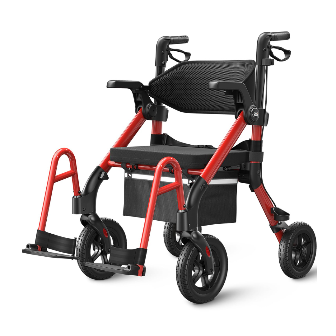 A red VOCIC Z55 Versatile 2-in-1 Rollator Transport Chair with a lightweight frame, black seat, footrests, and large wheels, designed for mobility assistance and easy transportation.