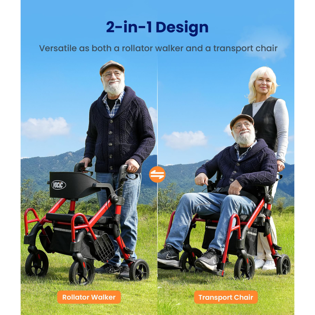 A man outdoors uses the VOCIC Z55 Versatile 2-in-1 Rollator Transport Chair as a walker on the left, and sits in it while being pushed by a woman as a transport chair on the right. Text reads “2-in-1 Design” with labels for each function.