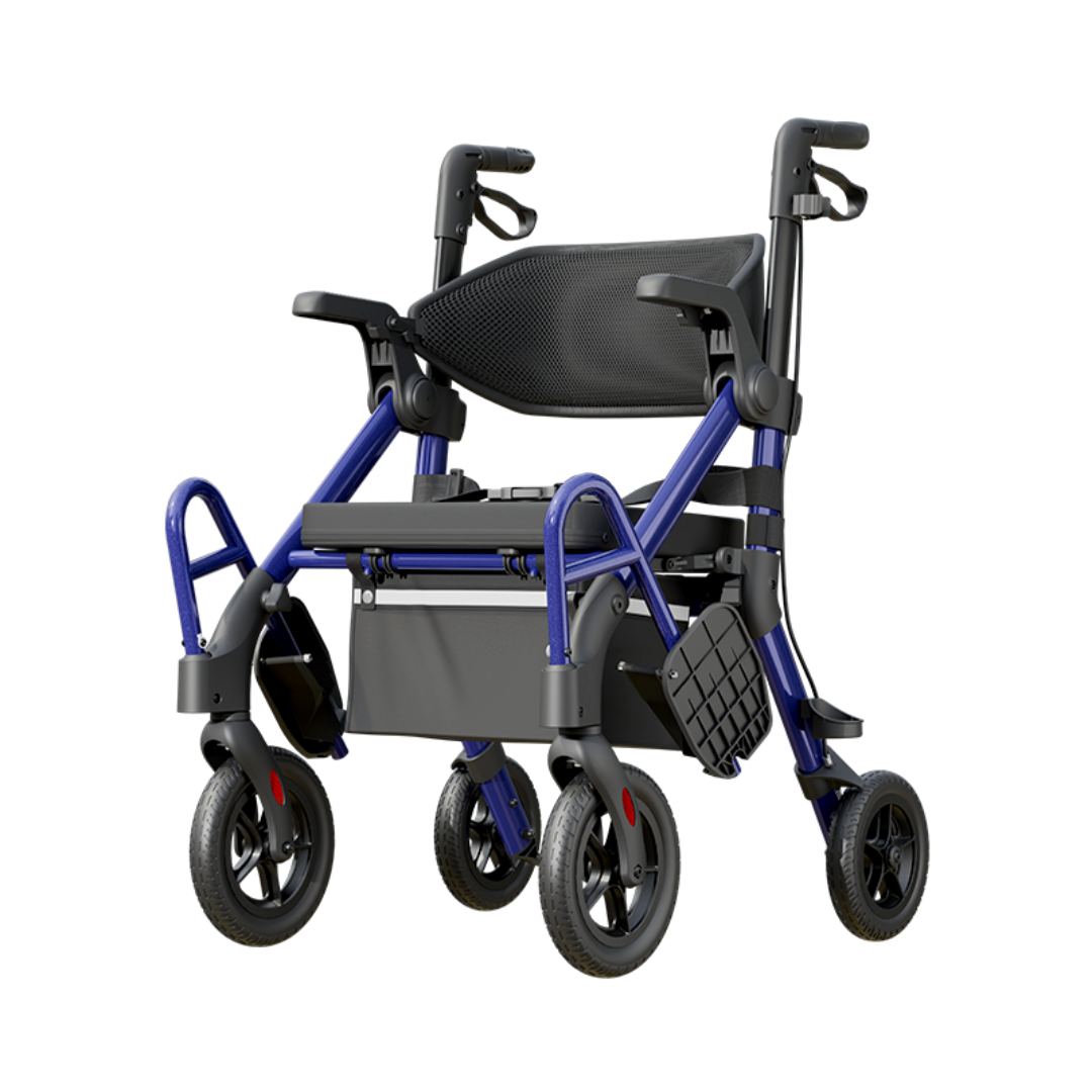The VOCIC Z55 Versatile 2-in-1 Rollator Transport Chair features a lightweight, foldable design with a blue frame, black seat, and four wheels. It effortlessly combines the functionality of both a Rollator Walker and a Transport Chair, making it ideal for easy transportation and compact storage.