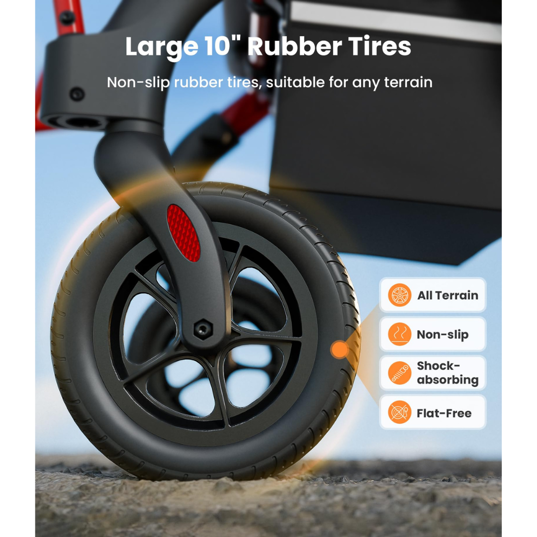 Here is a rewritten version of the sentence using your product data: Close-up of a stroller’s large 10-inch rubber tire, designed with the same durable quality found on premium mobility aids like the VOCIC Z55 Versatile 2-in-1 Rollator Transport Chair. Text highlights features: all-terrain, non-slip, shock-absorbing, and flat-free. The black tire boasts a sturdy, modern design engineered for exceptional versatility and reliability.