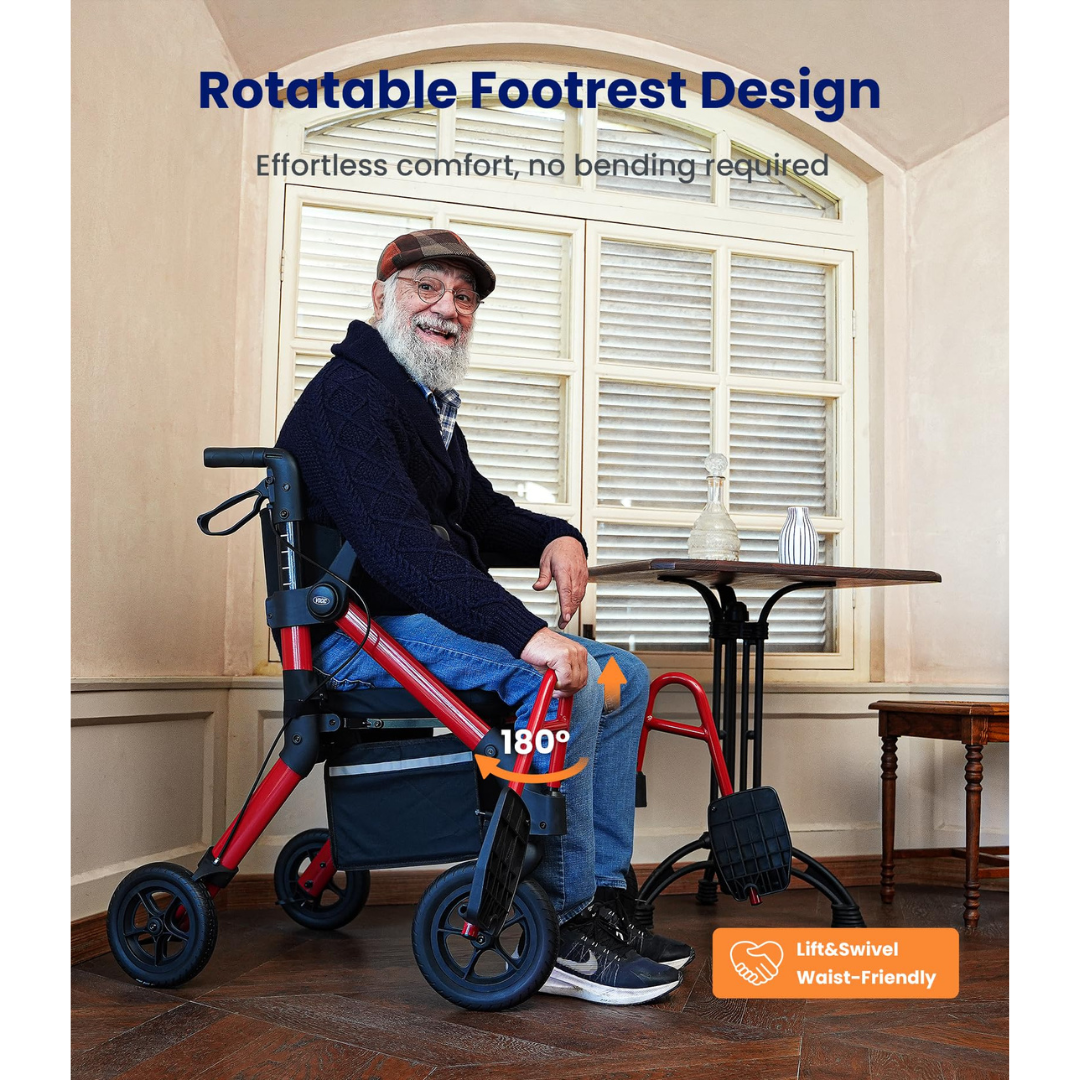 An older man smiles while sitting in a wheelchair with a rotatable footrest at a café table. Text on the image highlights the chair’s Rotatable Footrest Design—Effortless comfort, no bending required. The VOCIC Z55 Versatile 2-in-1 Rollator Transport Chair offers both versatility and convenience, making it perfect for everyday outings.