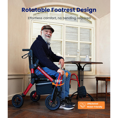 An older man smiles while sitting in a wheelchair with a rotatable footrest at a café table. Text on the image highlights the chair’s Rotatable Footrest Design—Effortless comfort, no bending required. The VOCIC Z55 Versatile 2-in-1 Rollator Transport Chair offers both versatility and convenience, making it perfect for everyday outings.