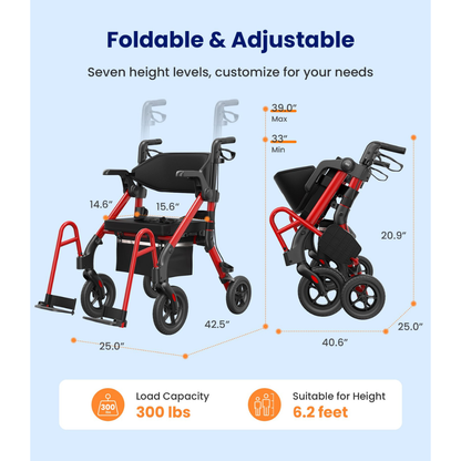 The VOCIC Z55 Versatile 2-in-1 Rollator Transport Chair, shown here in red and black both open and folded, features labeled dimensions and highlights. This foldable model serves as both a rollator walker and transport chair, supports users up to 6.2 feet tall with seven adjustable height levels, and accommodates a load capacity of 300 lbs.