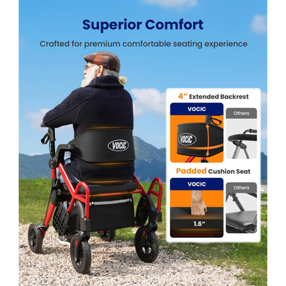 An older man sits outdoors on a VOCIC Z55 Versatile 2-in-1 Rollator Transport Chair, featuring a padded VOCIC backrest. Insets compare VOCIC’s thicker backrest and cushioned seat to the thinner versions labeled Others. Mountains and blue sky in the background emphasize the comfort and adaptability of this innovative rollator walker and transport chair combination.
