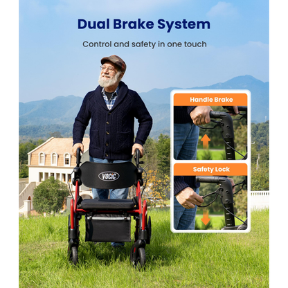 An older man with a beard stands outdoors with a wheelchair. Insets display close-ups of the handle brake and safety lock features. Text reads: Dual Brake System—Control and safety in one touch. The innovative VOCIC Z55 Versatile 2-in-1 Rollator Transport Chair effortlessly switches between a rollator walker and a transport chair, delivering adaptable mobility support for any outing.
