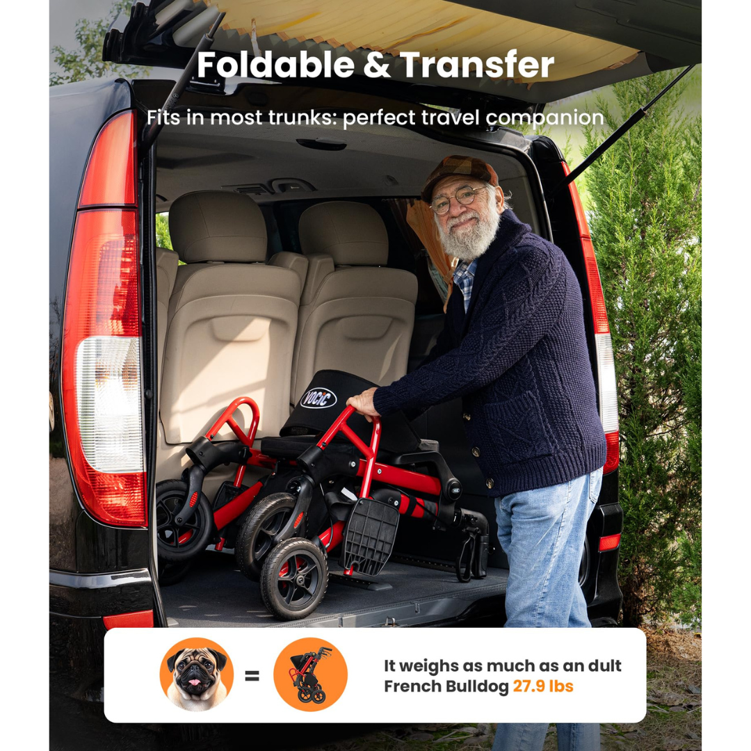 An older man smiles as he loads a folded red VOCIC Z55 Versatile 2-in-1 Rollator Transport Chair into the trunk of a black minivan. On-screen text highlights that it fits in most trunks and weighs 27.9 lbs—about the same as a French Bulldog.