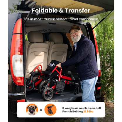 An older man smiles as he loads a folded red VOCIC Z55 Versatile 2-in-1 Rollator Transport Chair into the trunk of a black minivan. On-screen text highlights that it fits in most trunks and weighs 27.9 lbs—about the same as a French Bulldog.