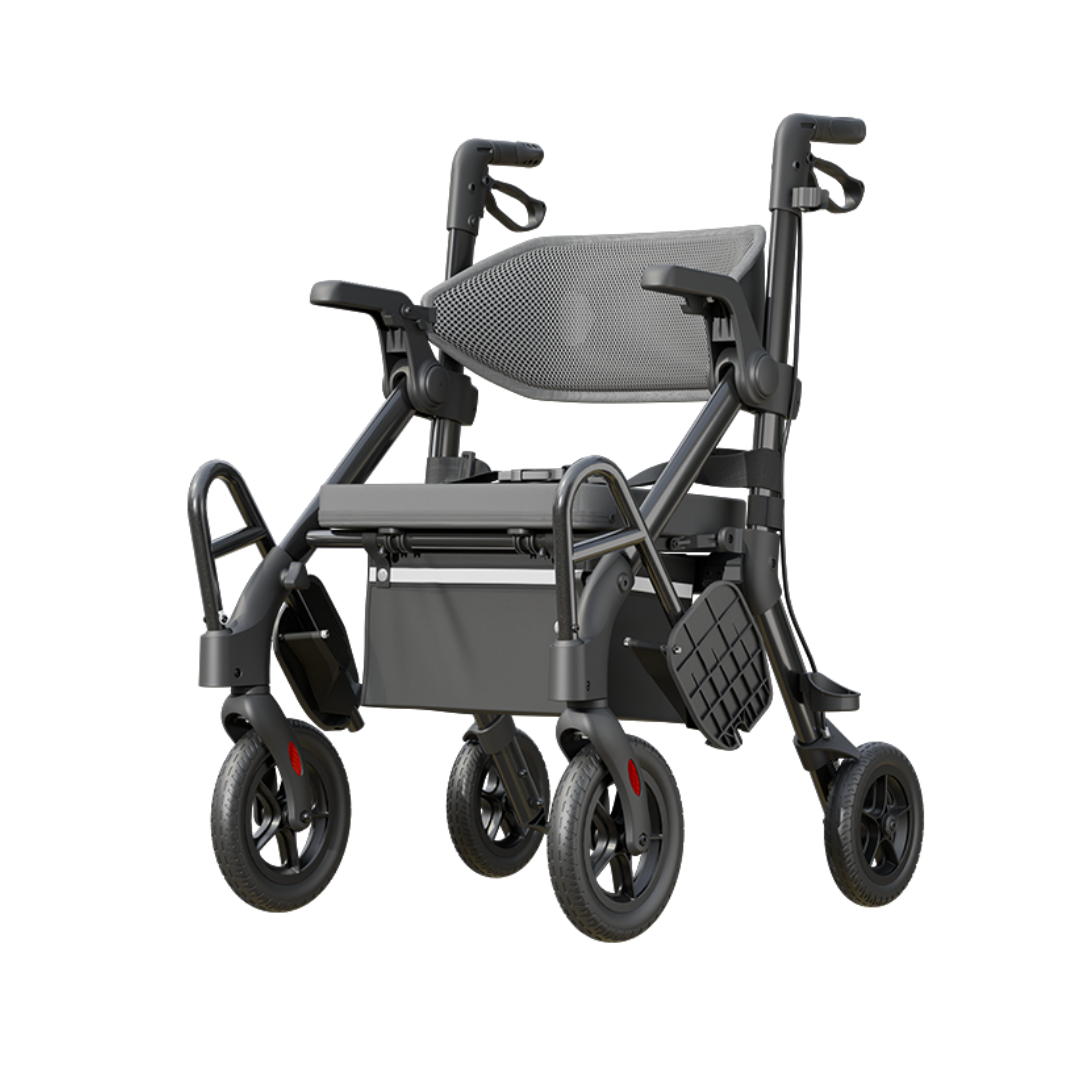 The VOCIC Z55 Versatile 2-in-1 Rollator Transport Chair is a lightweight, foldable electric wheelchair featuring a black frame, mesh seat back, armrests, four wheels, and footrests. Combining the flexibility of a rollator walker with the support of a transport chair, this product is shown against a white background.