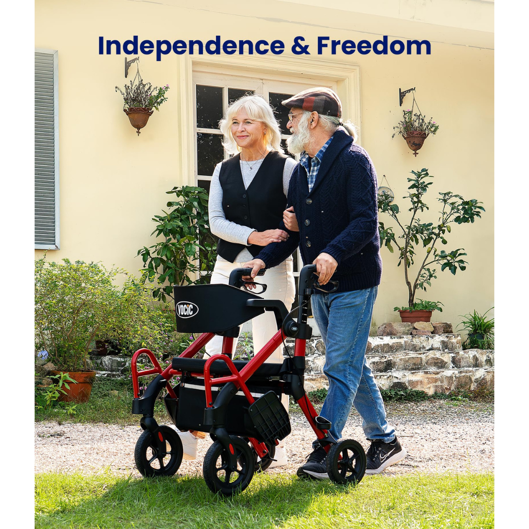 An older man using a VOCIC Z55 Versatile 2-in-1 Rollator Transport Chair walks outside with a smiling woman beside him. The text above reads, Independence & Freedom. They are in front of a house with plants and steps, showcasing the VOCIC Z55’s versatility as both a rollator walker and transport chair, providing support and comfort during daily outings.