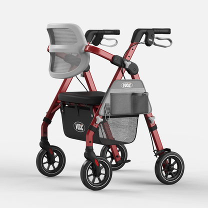 The ErgoGrand Bariatric Rollator Walker | VOCIC Z58 is a red and black four-wheeled rollator featuring a built-in seat, mesh storage basket, and gray backrest, displayed on a white background. Please refer to the product specifications for detailed information about its features and dimensions.