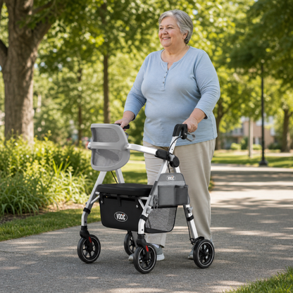 An older woman smiles as she walks outside on a sunny day, using the ErgoGrand Bariatric Rollator Walker | VOCIC Z58 with a seat and basket. She is casually dressed and surrounded by green trees and grass in a park setting.