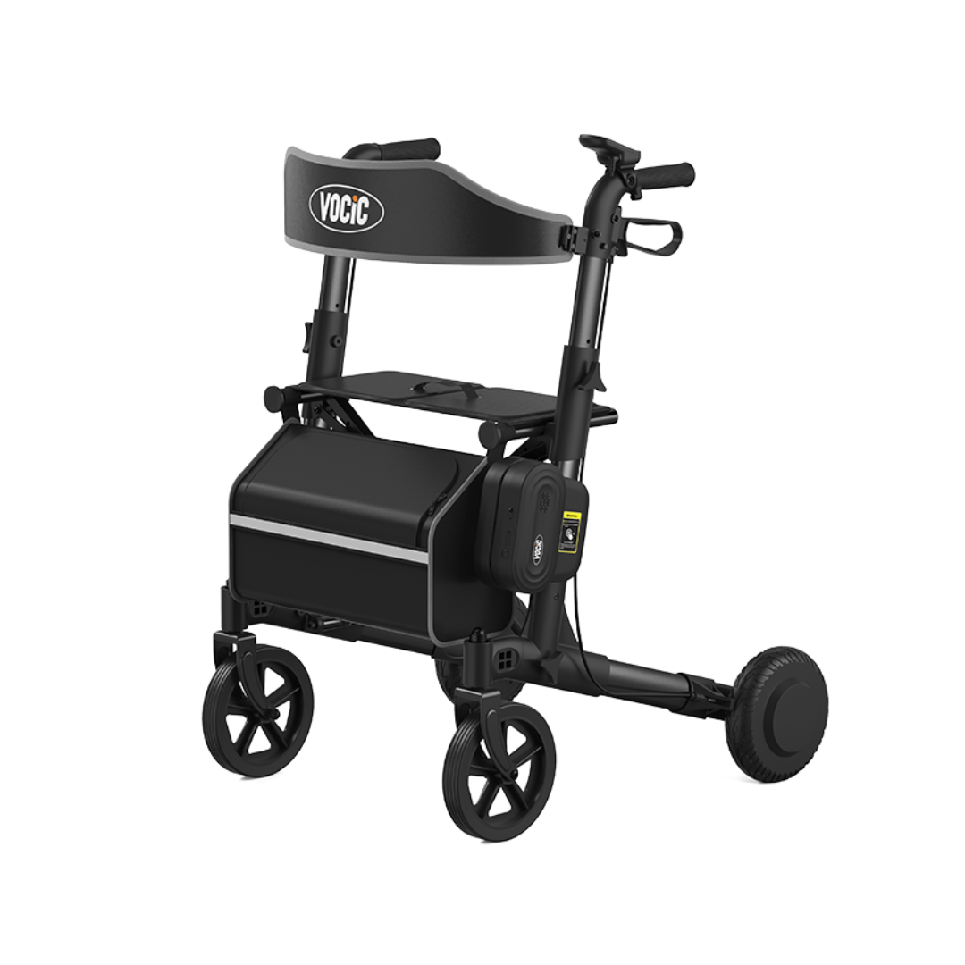 The VOCIC Z73 Electric Rollator with Walk Assistance is a modern black walker featuring four wheels, a built-in seat with the VOCIC logo on the backrest, a storage compartment, a side-mounted control panel, and powered walking assistance for enhanced convenience.