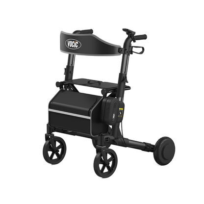 The VOCIC Z73 Electric Rollator with Walk Assistance is a modern black walker featuring four wheels, a built-in seat with the VOCIC logo on the backrest, a storage compartment, a side-mounted control panel, and powered walking assistance for enhanced convenience.