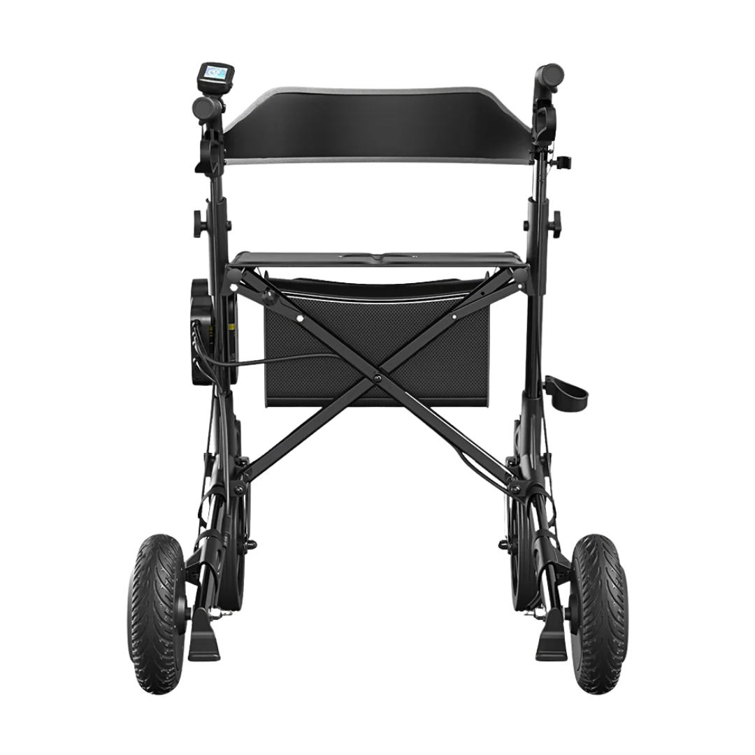 The Electric Rollator with Walk Assistance | VOCIC Z73, shown from the front against a white background, is a black model featuring four large wheels, seat, digital display on the left handle, armrests, storage pouch, and footrests that provides powered walking assistance.
