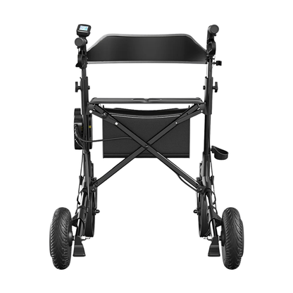 The Electric Rollator with Walk Assistance | VOCIC Z73, shown from the front against a white background, is a black model featuring four large wheels, seat, digital display on the left handle, armrests, storage pouch, and footrests that provides powered walking assistance.