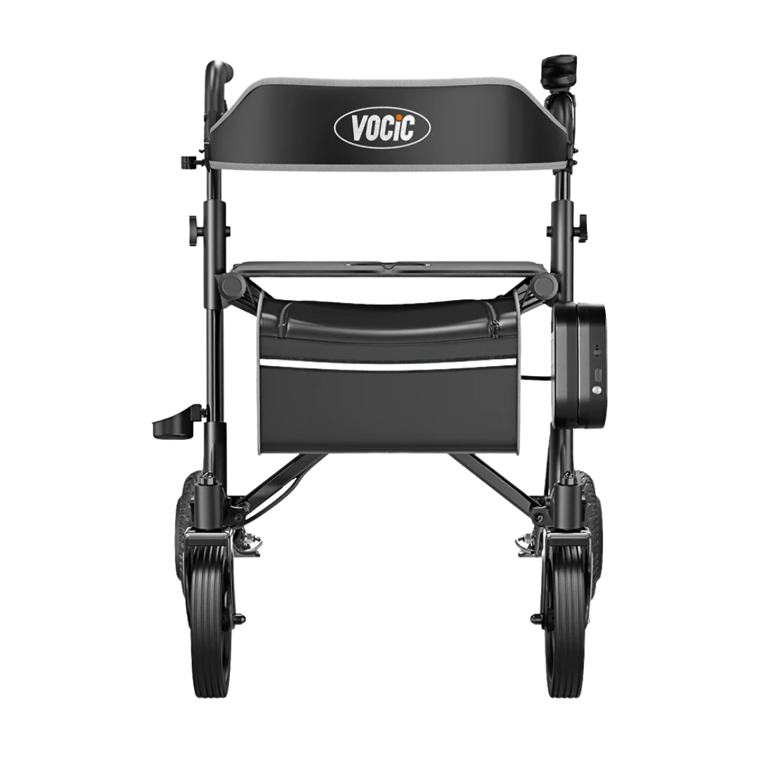 A rear view of the VOCIC Z73 Electric Rollator with Walk Assistance shows its black, foldable design, large rear wheels, and the VOCIC brand name on the backrest—combining compact portability with powered walking support.