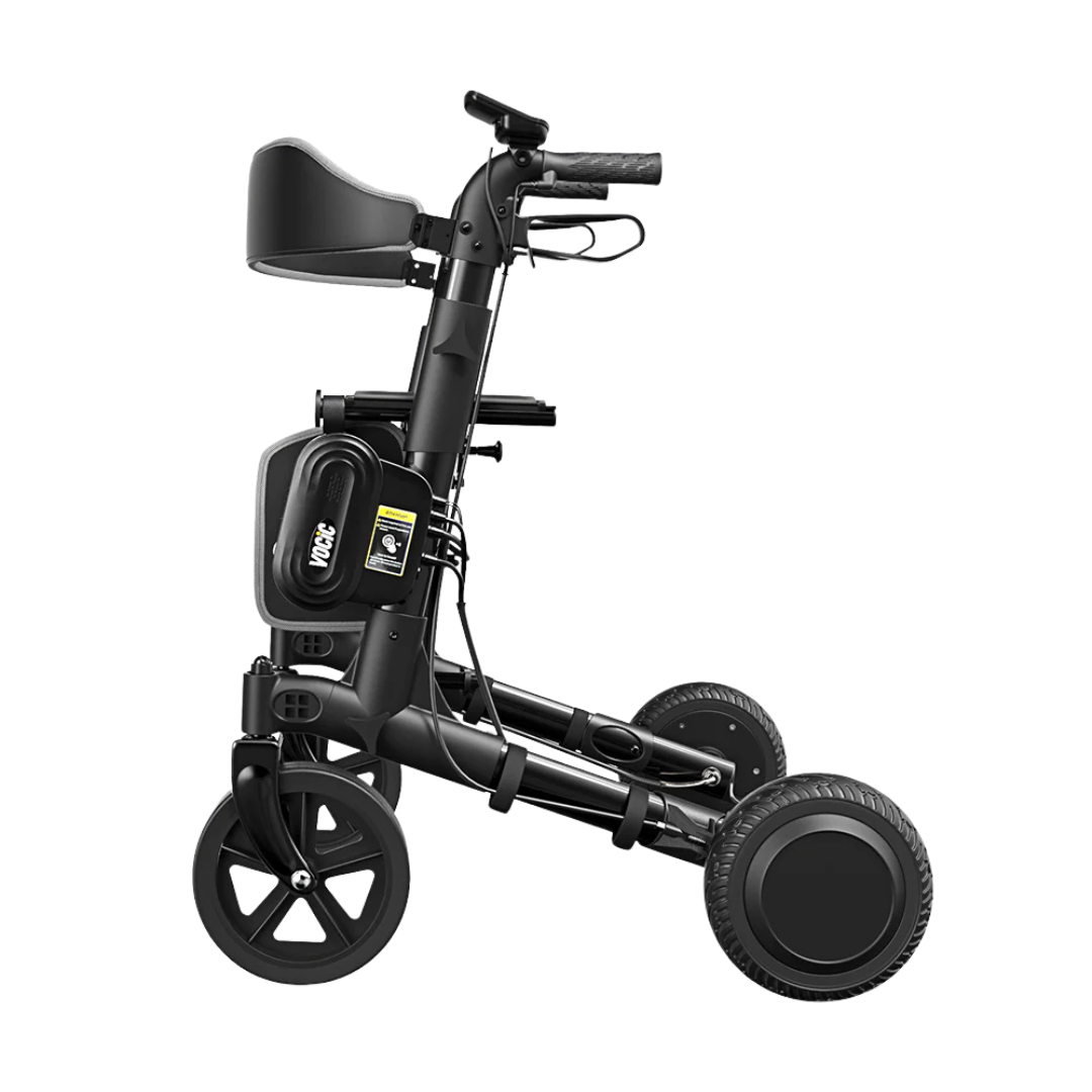 The VOCIC Z73 Electric Rollator with Walk Assistance is a black, foldable mobility device featuring three wheels, a seat, and a handlebar in a compact design. This innovative rollator provides powered walking assistance while remaining lightweight and portable—ideal for easy storage and transport.