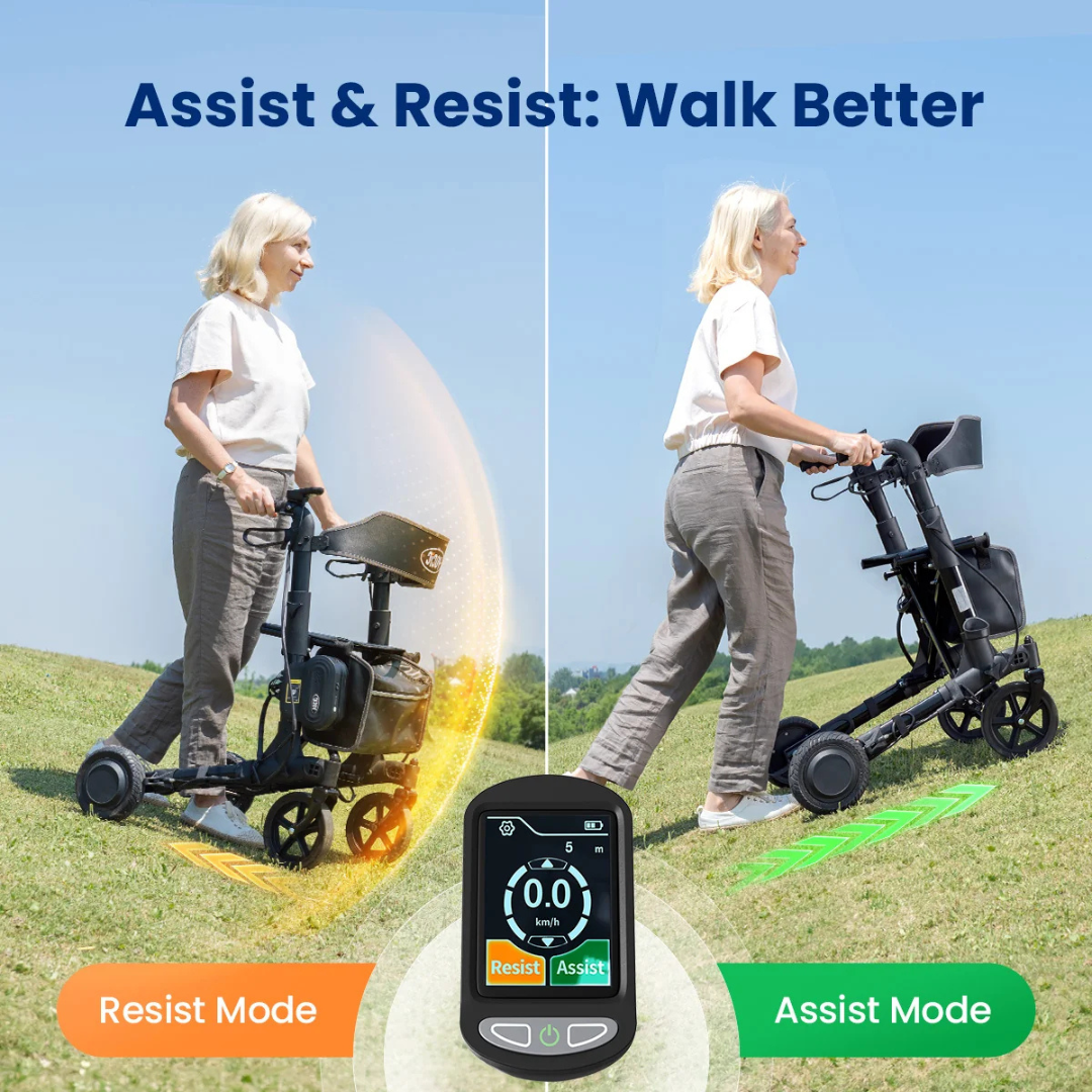 A woman uses the Electric Rollator with Walk Assistance | VOCIC Z73, an advanced walker, outdoors; on the left, she utilizes Resist Mode to go uphill, while on the right, she uses Assist Mode to go downhill. An electronic display at the bottom showcases powered walk assistance features with clearly marked assist and resist options.