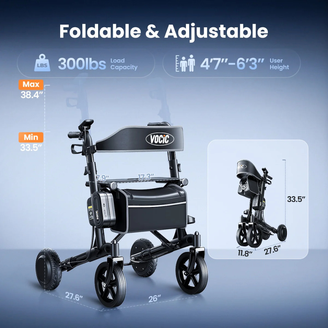 Electric Rollator with Walk Assistance | VOCIC Z73 – a foldable, adjustable walker with seat, supporting up to 300 lbs and suitable for users 4′7″ to 6′3″. Product dimensions and features are presented on a blue gradient background.
