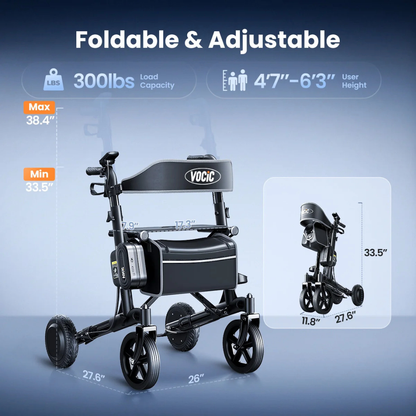 Electric Rollator with Walk Assistance | VOCIC Z73 – a foldable, adjustable walker with seat, supporting up to 300 lbs and suitable for users 4′7″ to 6′3″. Product dimensions and features are presented on a blue gradient background.