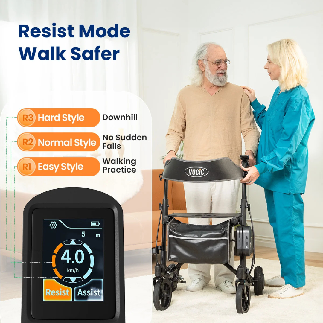 Certainly! Here’s the revised sentence using your product data: An elderly man with a walker speaks to a caregiver. The Electric Rollator with Walk Assistance |VOCIC Z73 displays speed and resist/assist modes, exemplifying the latest in powered walking assist technology. Text highlights resist mode options for walking: easy, normal, and hard styles.