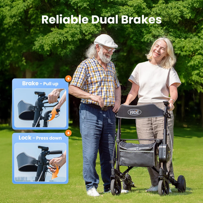 An elderly man and woman are outdoors with a black Electric Rollator with Walk Assistance |VOCIC Z73. Text reads “Reliable Dual Brakes.” Inset images highlight a hand operating the brake and lock controls on the Electric Rollator with Walk Assistance |VOCIC Z73. Green trees and grass are visible in the background.