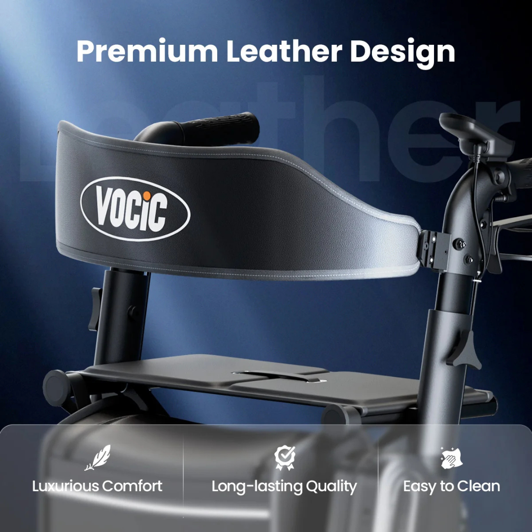 A close-up of a black Electric Rollator with Walk Assistance | VOCIC Z73 features a curved backrest labeled VOCIC. Text reads Premium Leather Design, accompanied by icons and phrases: luxurious comfort, long-lasting quality, and easy to clean. This powered walking assist device blends style and support to meet everyday mobility needs.