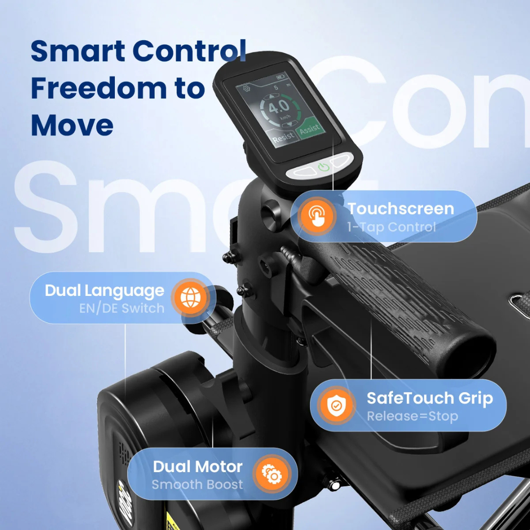 Electric Rollator with Walk Assistance featuring a handlebar display—enjoy smart touchscreen 1-tap control, seamless dual language switching, and a safe-touch grip that stops when released. Experience dual motor smooth boost power inspired by leading mobility devices for confident, comfortable movement. Powered walking assistance technology provides freedom and ease every step of the way. Text reads: Smart Control Freedom to Move. VOCIC Z73.