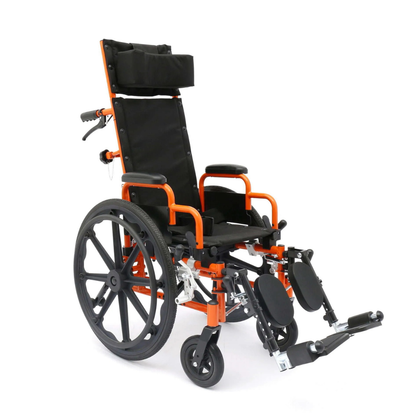 The Circle Specialty ZIGGO Pro Reclining Pediatric Wheelchair is an orange and black lightweight chair with adjustable headrest, armrests, and leg supports. It has large rear wheels and small front wheels for easy mobility.