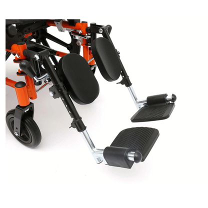 Close-up of the black padded footrests and leg supports on the Circle Specialty ZIGGO Pro Reclining Pediatric Wheelchair, showing its sturdy metal frames, orange chair frame, and a black caster wheel.