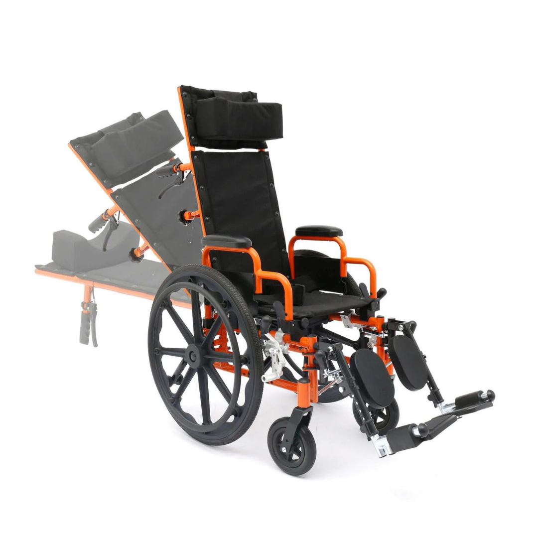 The Circle Specialty ZIGGO Pro Reclining Pediatric Wheelchair is an orange and black lightweight chair with large rear wheels and adjustable leg rests, shown upright and reclined to showcase its versatile reclining feature.