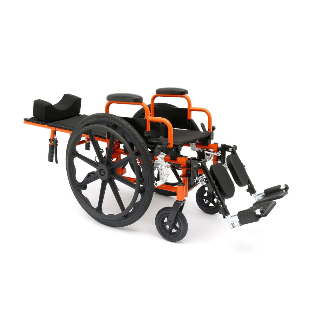 The Circle Specialty ZIGGO Pro Reclining Pediatric Wheelchair features a reclining backrest, adjustable leg supports, headrest, and large rear wheels in orange and black for enhanced comfort and support.