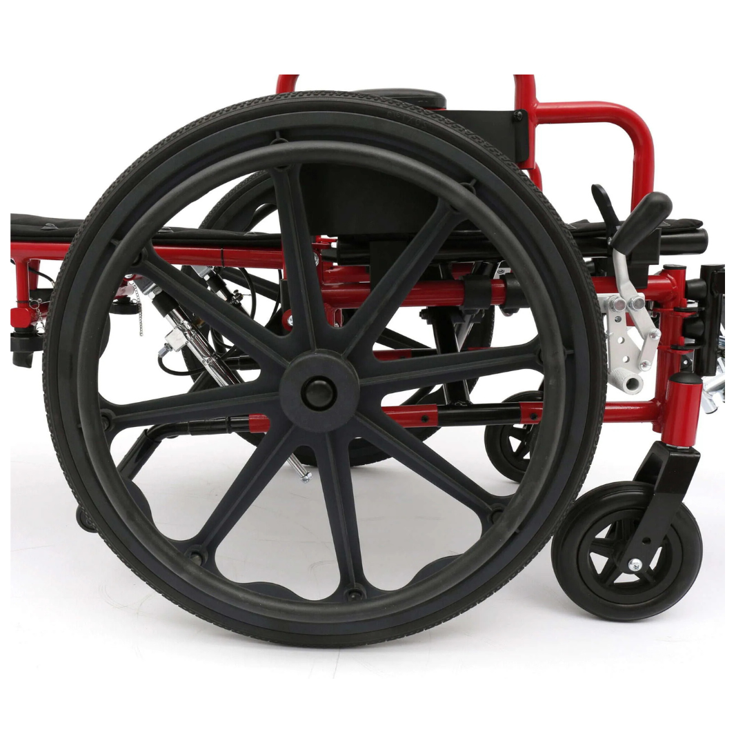 A close-up side view of the folded Circle Specialty ZIGGO Pro Reclining Pediatric Wheelchair in red, showing one large black wheel and a small front caster against a white background.