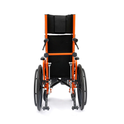 The Circle Specialty ZIGGO Pro Reclining Pediatric Wheelchair in black and orange is shown from the back, highlighting its handles, large rear wheels, small front wheels, padded backrest, and adjustable reclining frame on a white background.