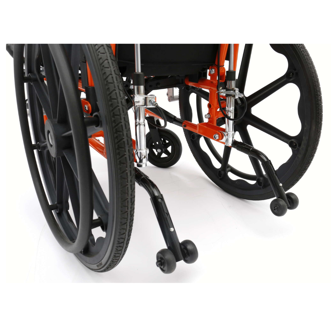 Close-up of the lower rear section of the Circle Specialty ZIGGO Pro Reclining Pediatric Wheelchair, featuring large black wheels, anti-tip bars, an orange frame, and chrome parts against a white background.
