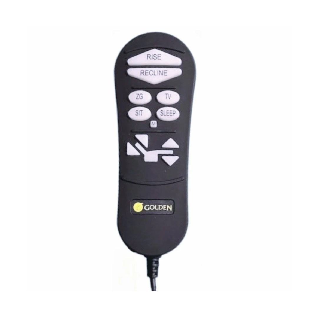 The Golden Technologies Lift Chair Remote Replacement is a black remote with buttons for rise, recline, sit, sleep, TV, and ZG. An LCD display and logo enhance its sleek design. Comfort Zone Chairs connect it by a cord for seamless functionality.