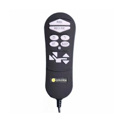 The Golden Technologies Lift Chair Remote Replacement is a black remote with buttons for rise, recline, sit, sleep, TV, and ZG. An LCD display and logo enhance its sleek design. Comfort Zone Chairs connect it by a cord for seamless functionality.