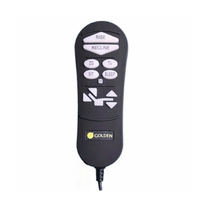The Golden Technologies Lift Chair Remote Replacement is a black remote with buttons for rise, recline, sit, sleep, TV, and ZG. An LCD display and logo enhance its sleek design. Comfort Zone Chairs connect it by a cord for seamless functionality.